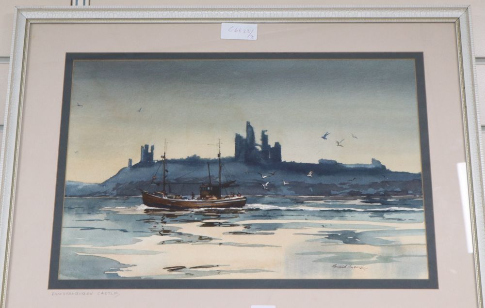 Ronald Lambert Moore (1927-1992), watercolour, Dunstanburgh Castle, Northumberland, signed, 31 x 47cm